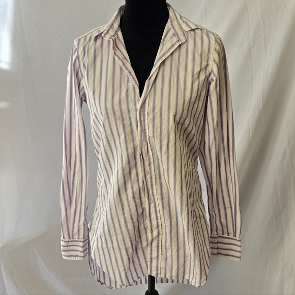 Frank & Eileen women S greyson blue pink white stripe shirt high low back Italy, - Picture 3 of 11
